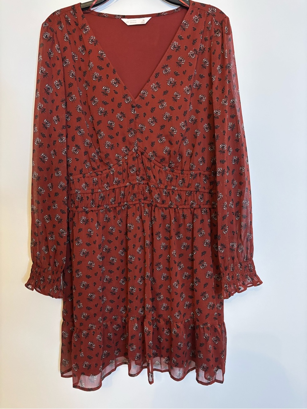 LC Lauren Conrad Rust Floral V-Neck Tiered Dress